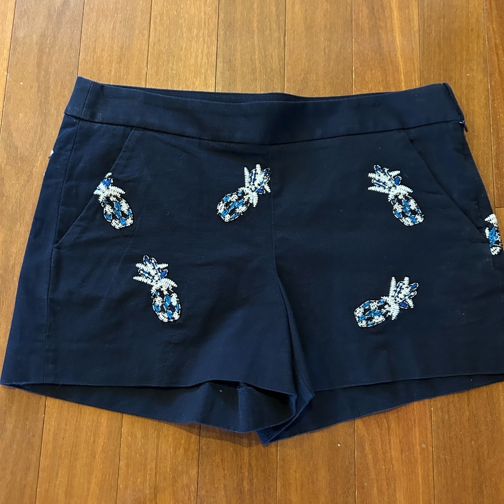 LOFT Shorts Women 4 Blue Chino Mid Rise Pineapple Beaded Flat Front Beach Casual
